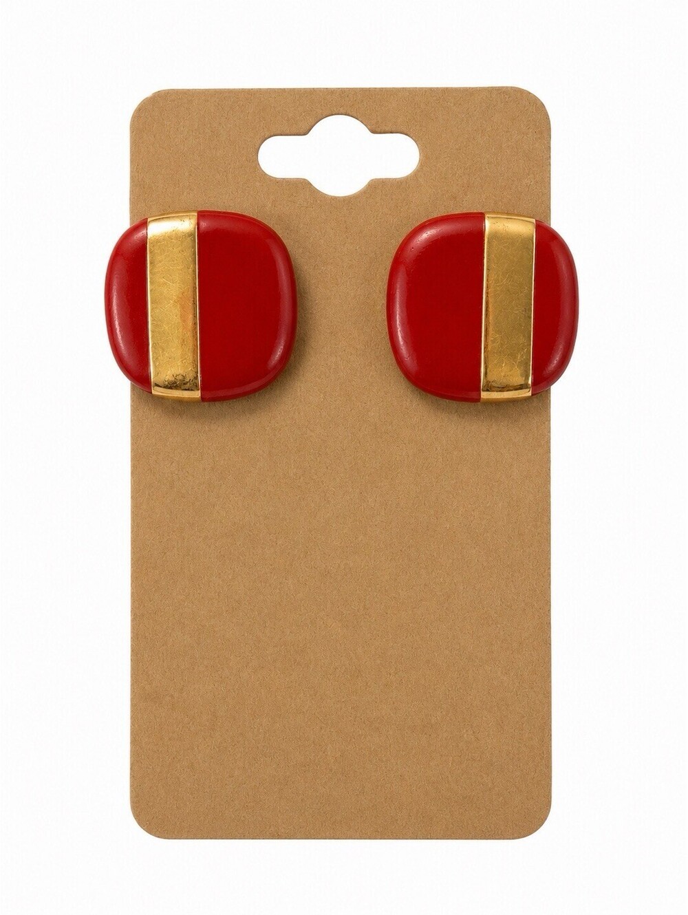 Vintage Red Enamel Gold Tone Square Stud Earrings Retro Statement Jewelry